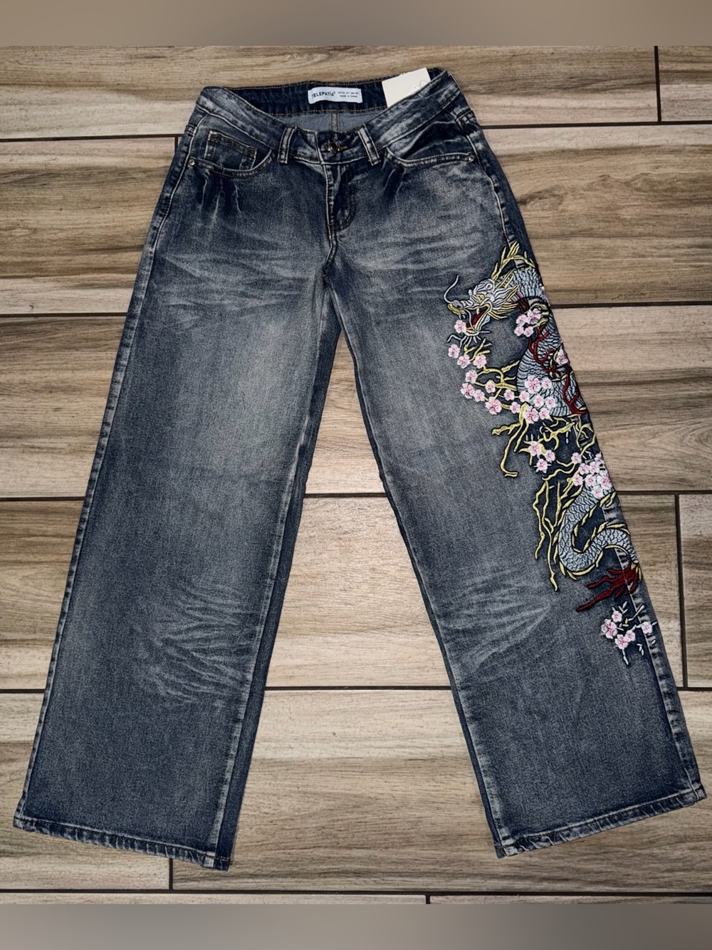 Wide-Leg Embroidered Dragon Jeans - Size 3